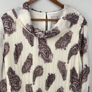 Chico's Women’s Paisley Pleated Lined Blouse Cream Sheer Sleeve Size 3 US16/18